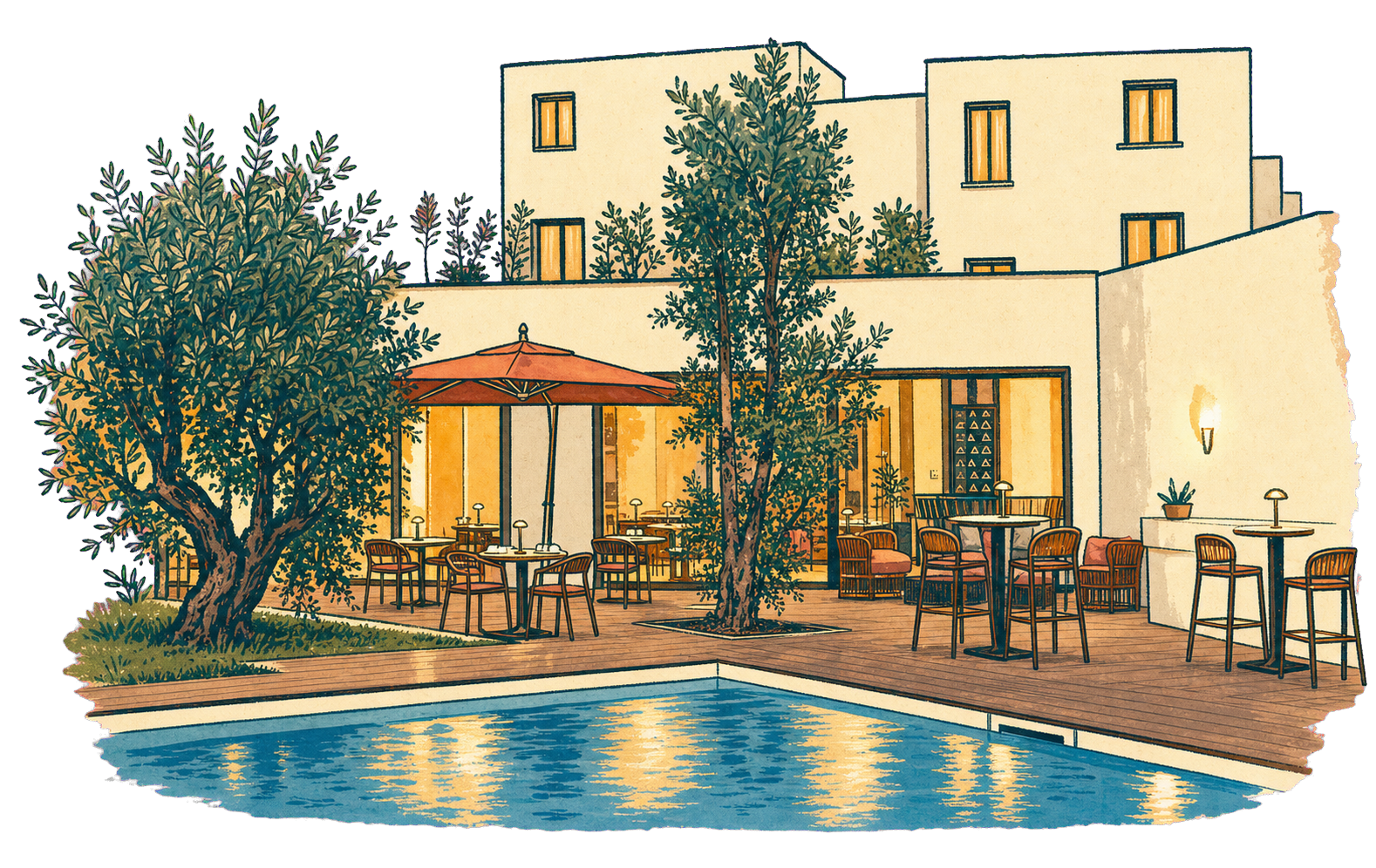 Illustration of Antum Hotel’s pool courtyard