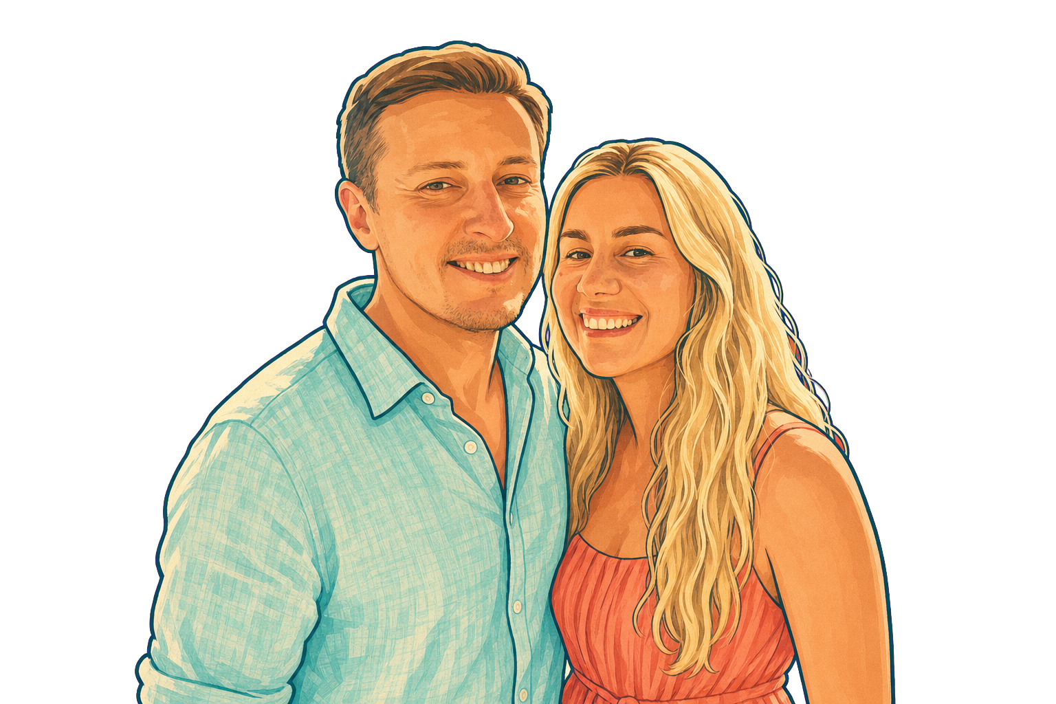 Illustrated portrait of the couple taking their Italy trip