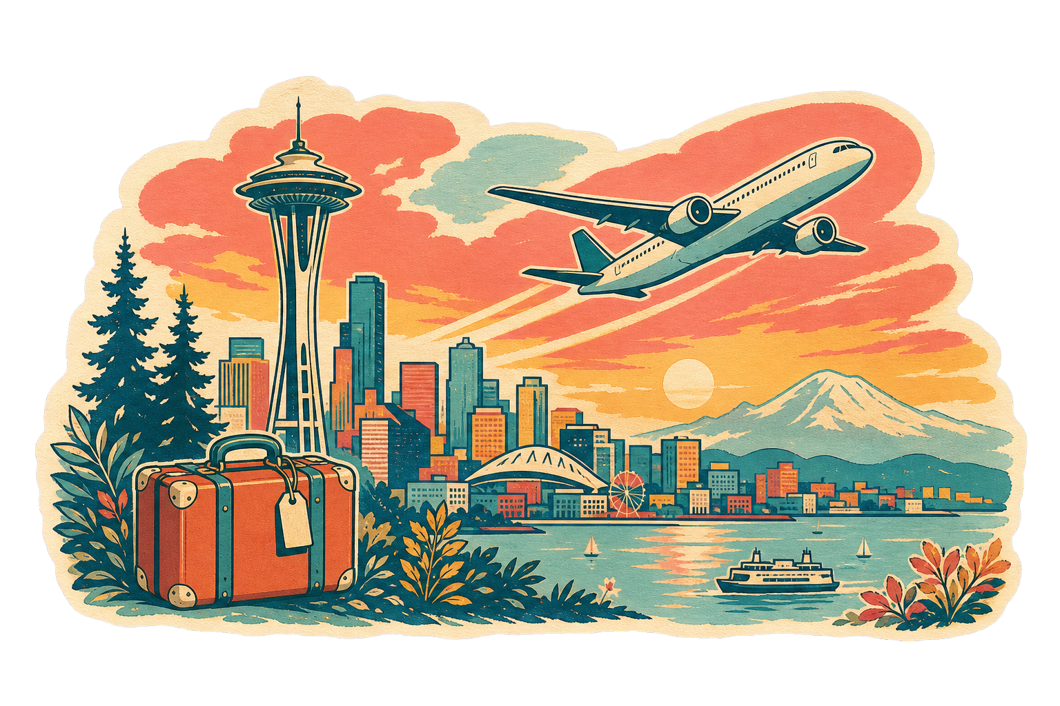 Illustration of a plane departing above the Seattle skyline