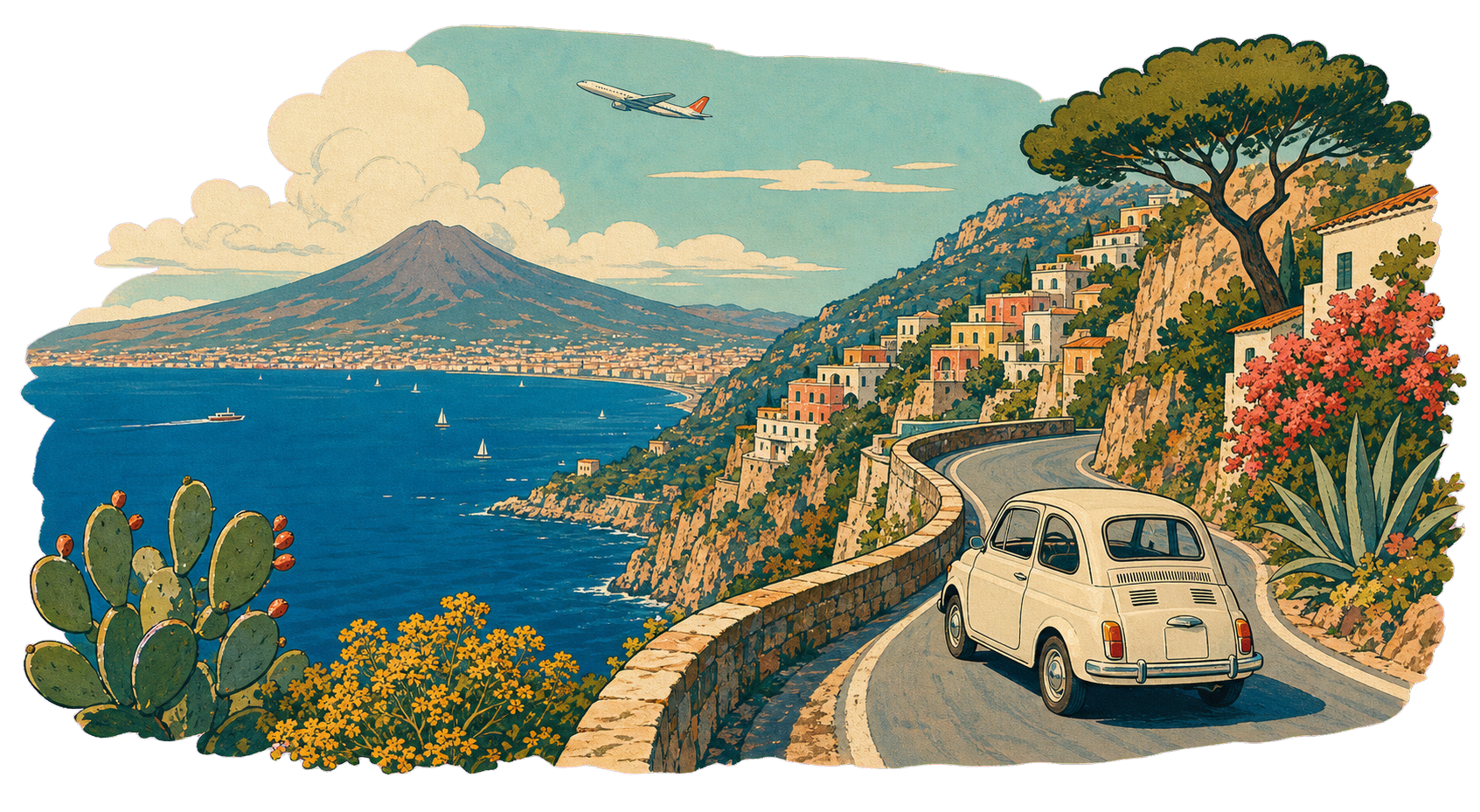 Illustration of the coastal drive from Naples toward Praiano