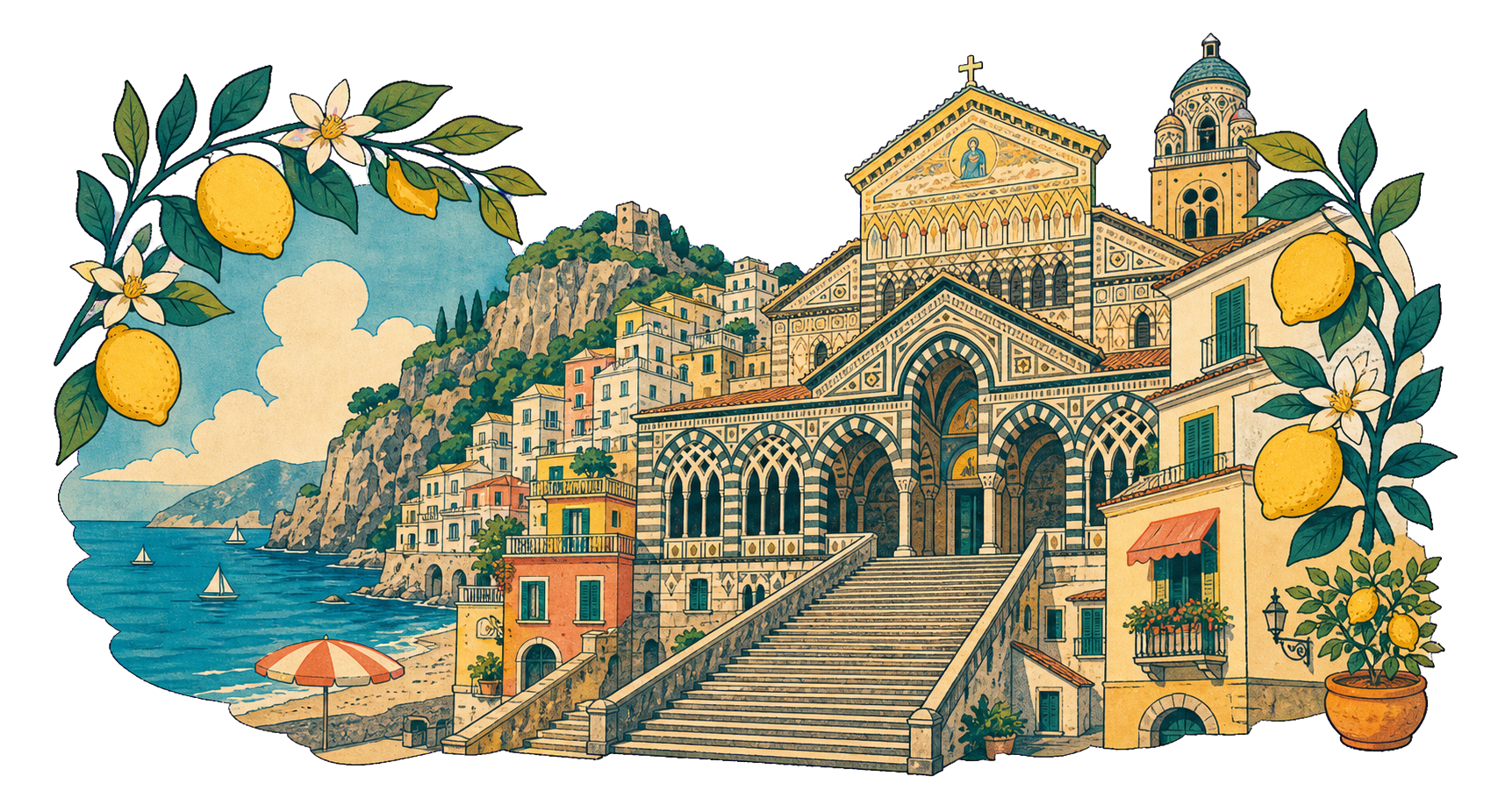 Illustration of Amalfi Cathedral and the waterfront