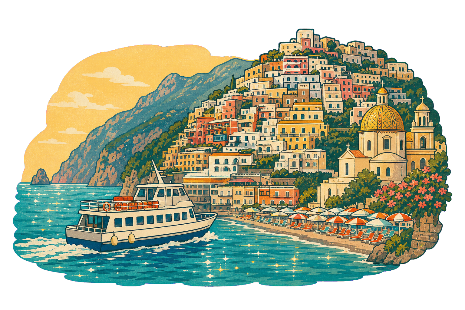 Illustration of a ferry approaching Positano