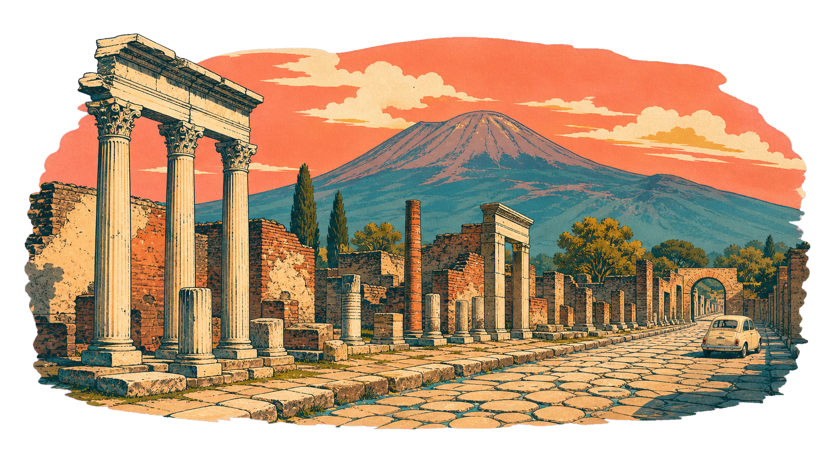 Illustration of Pompeii beneath Mount Vesuvius