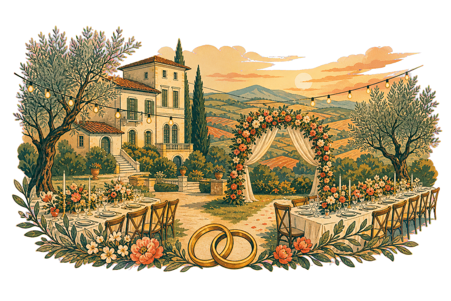 Illustration of a garden wedding in the Campania hills