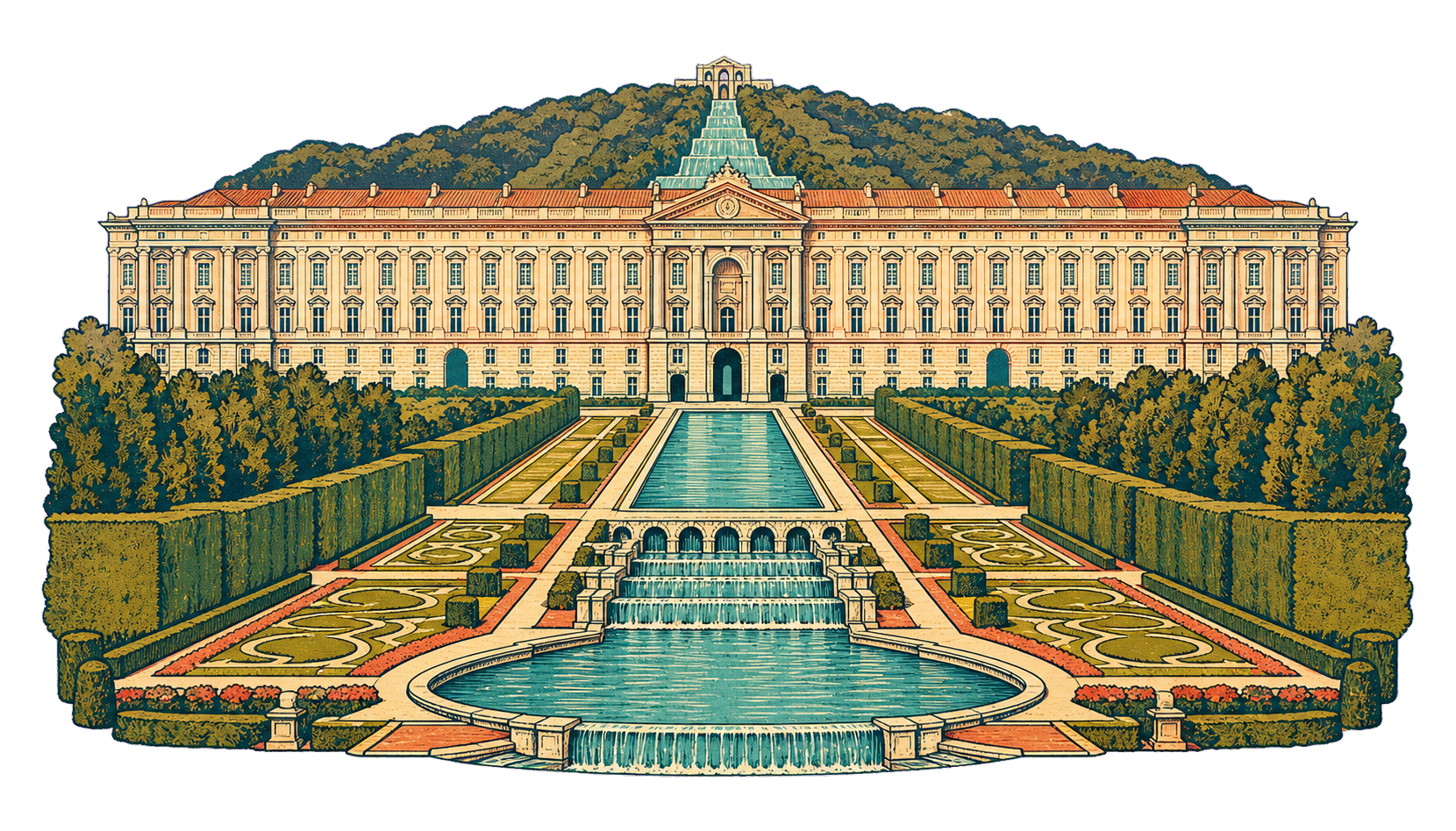 Illustration of the Royal Palace of Caserta and its gardens