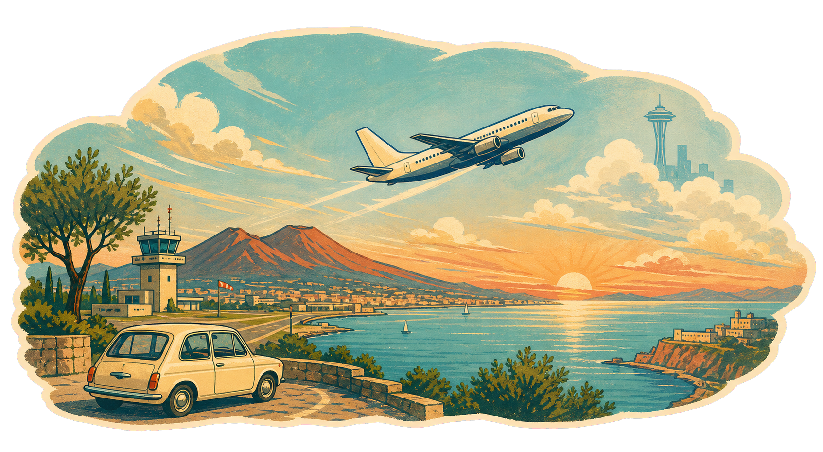 Illustration of the flight home from Naples to Seattle